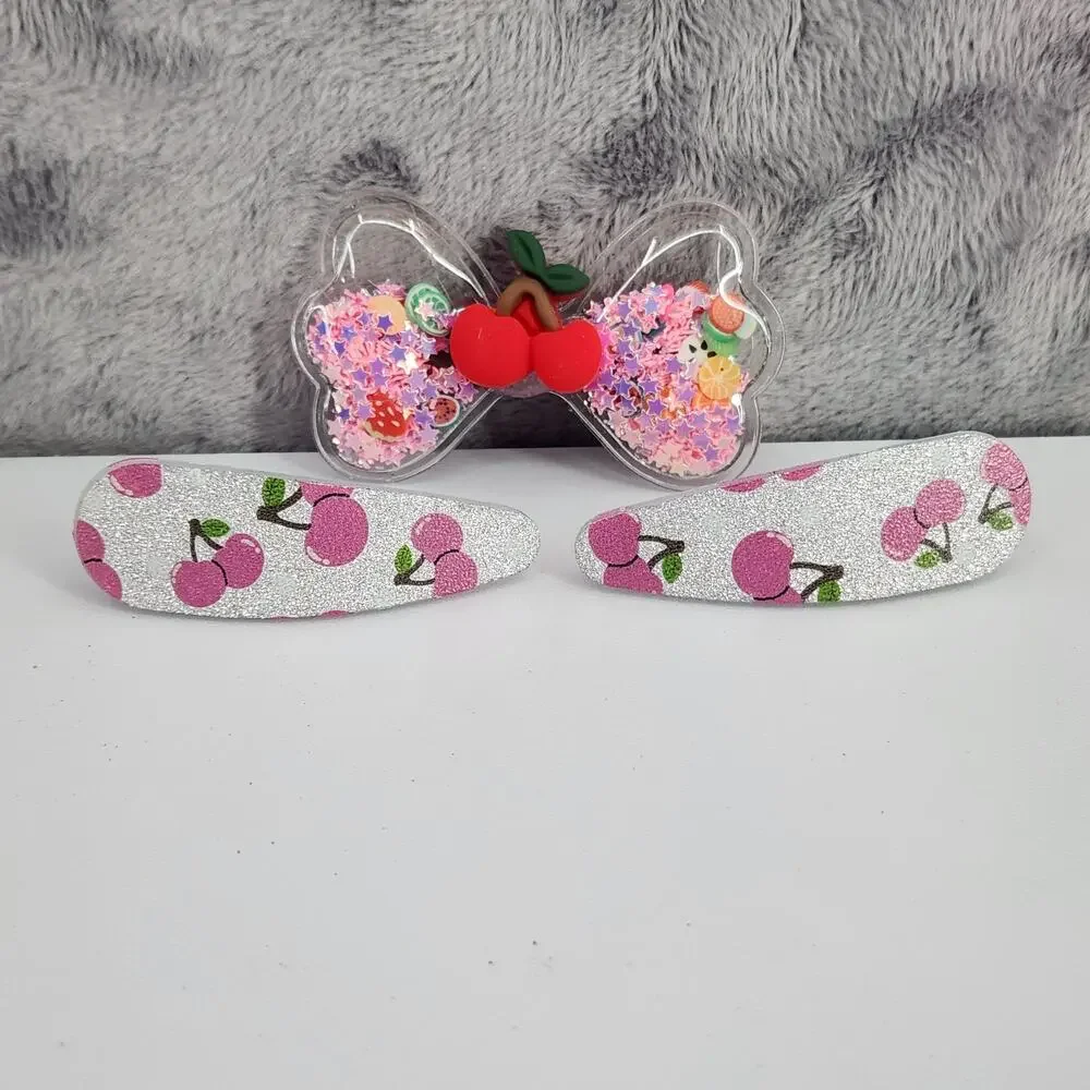3 pc Cherry Theme Hair Accessories Glittery Bow with Cherry Charm & Snap Clips